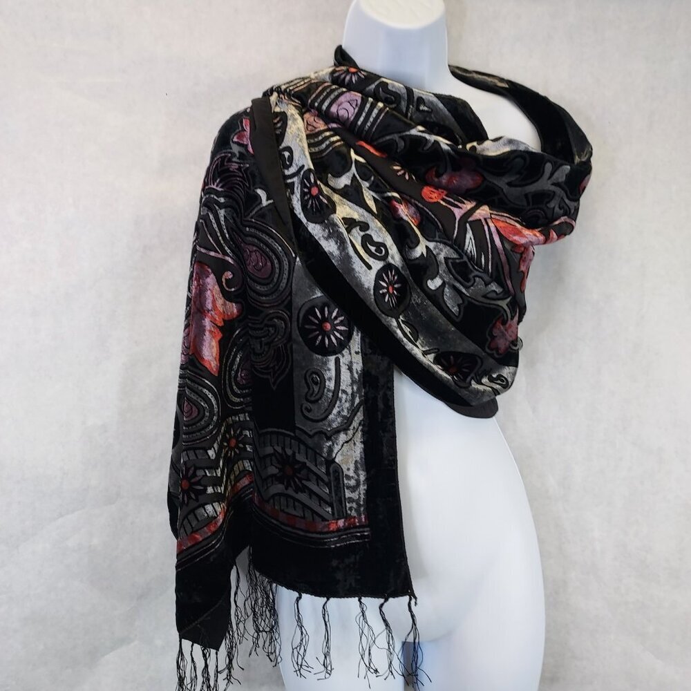 Velvet Burnout Scarf Shawl Rectangle Sheer Tassel Heart Paisley Witch Whimsigoth - Picture 2 of 10
